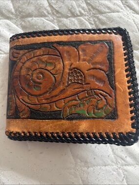 Hand-Tooled Brown Leather Bifold Wallet with Black Lacing